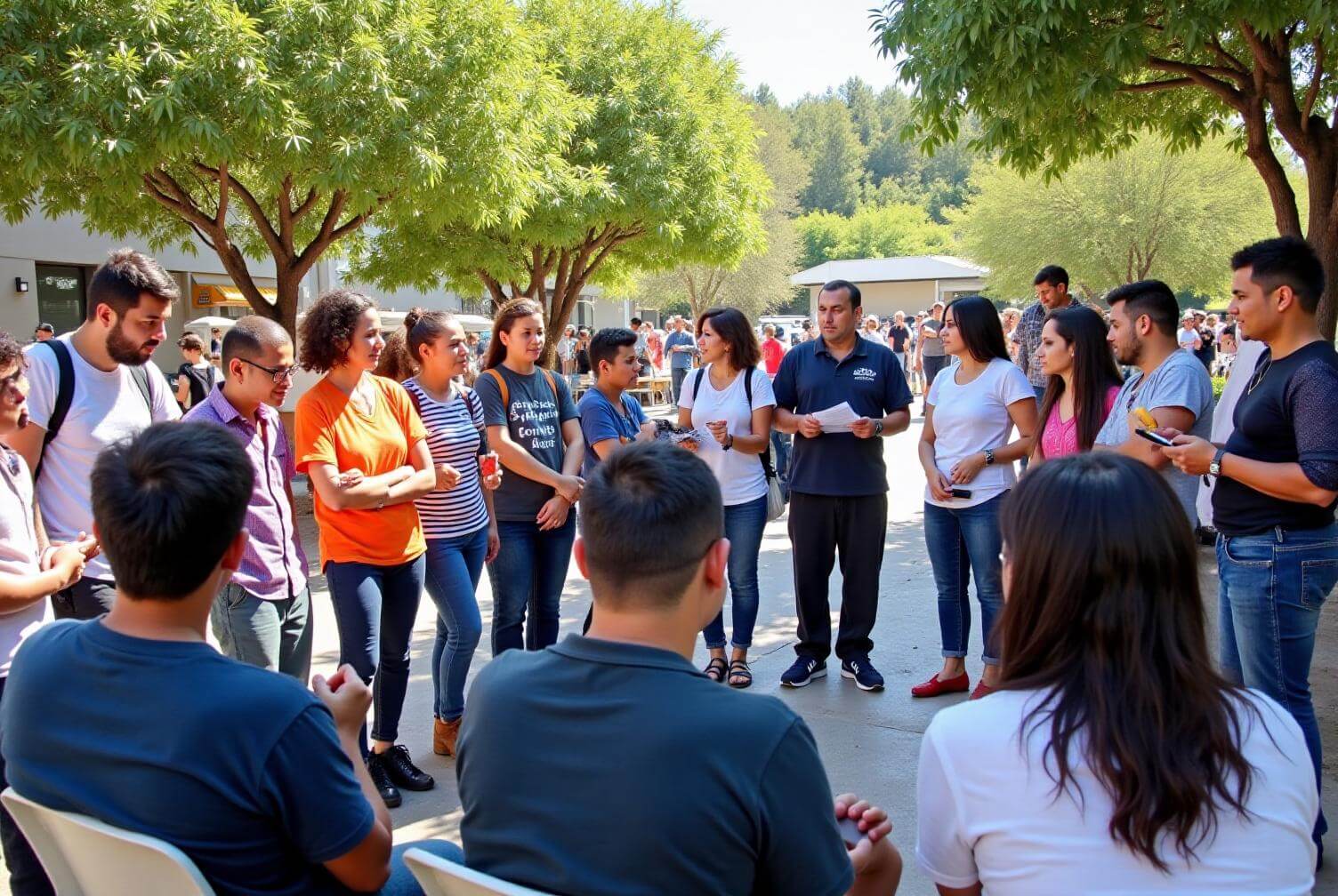 Asamblea vecinal al aire libre con vecinos dialogando con personal de la alcaldía