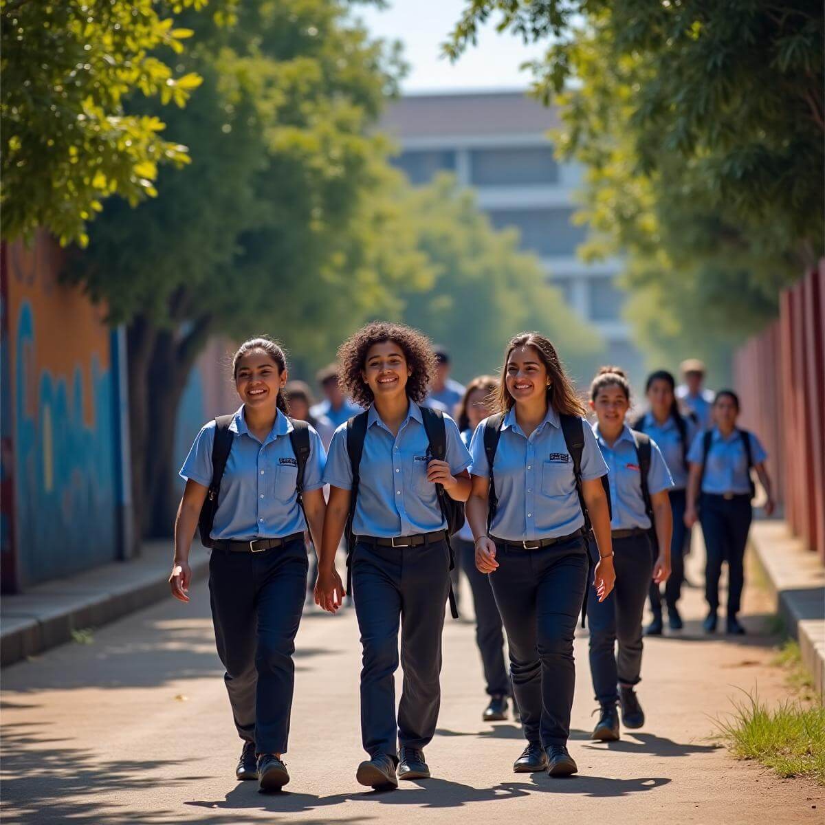 Estudiantes de secundaria con mochilas saliendo de su escuela en Venustiano Carranza