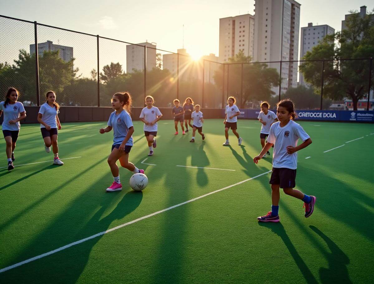 Niñas y niños jugando futbol en una cancha de pasto sintético de un deportivo público