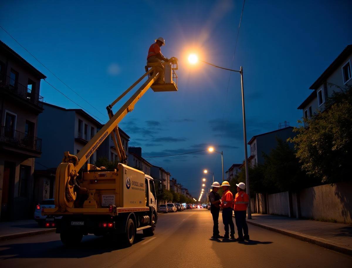 Cuadrilla de mantenimiento instalando luminarias en una calle de la alcaldía al atardecer