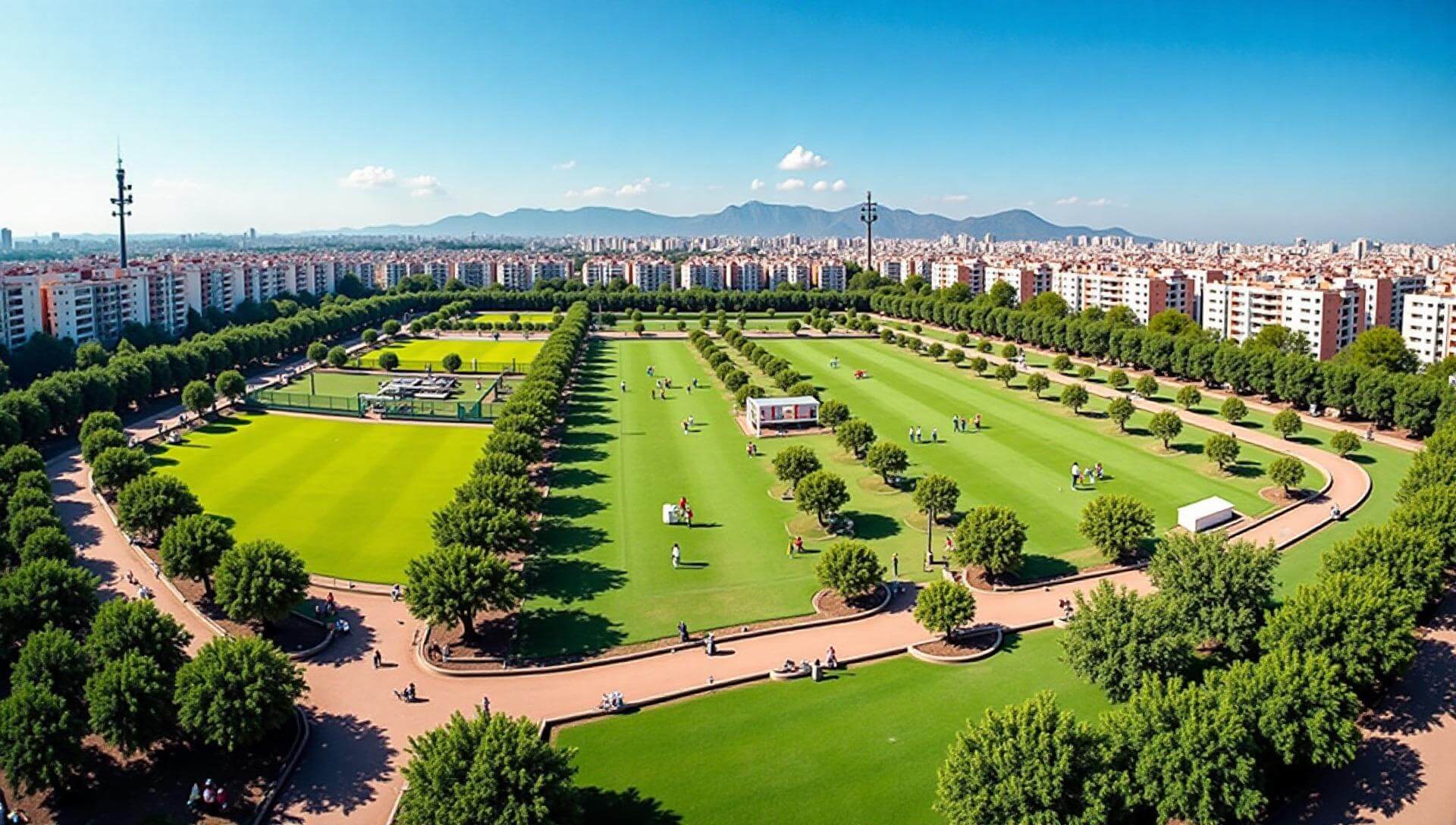 Vista panorámica de un deportivo público y áreas verdes en Venustiano Carranza en un día soleado