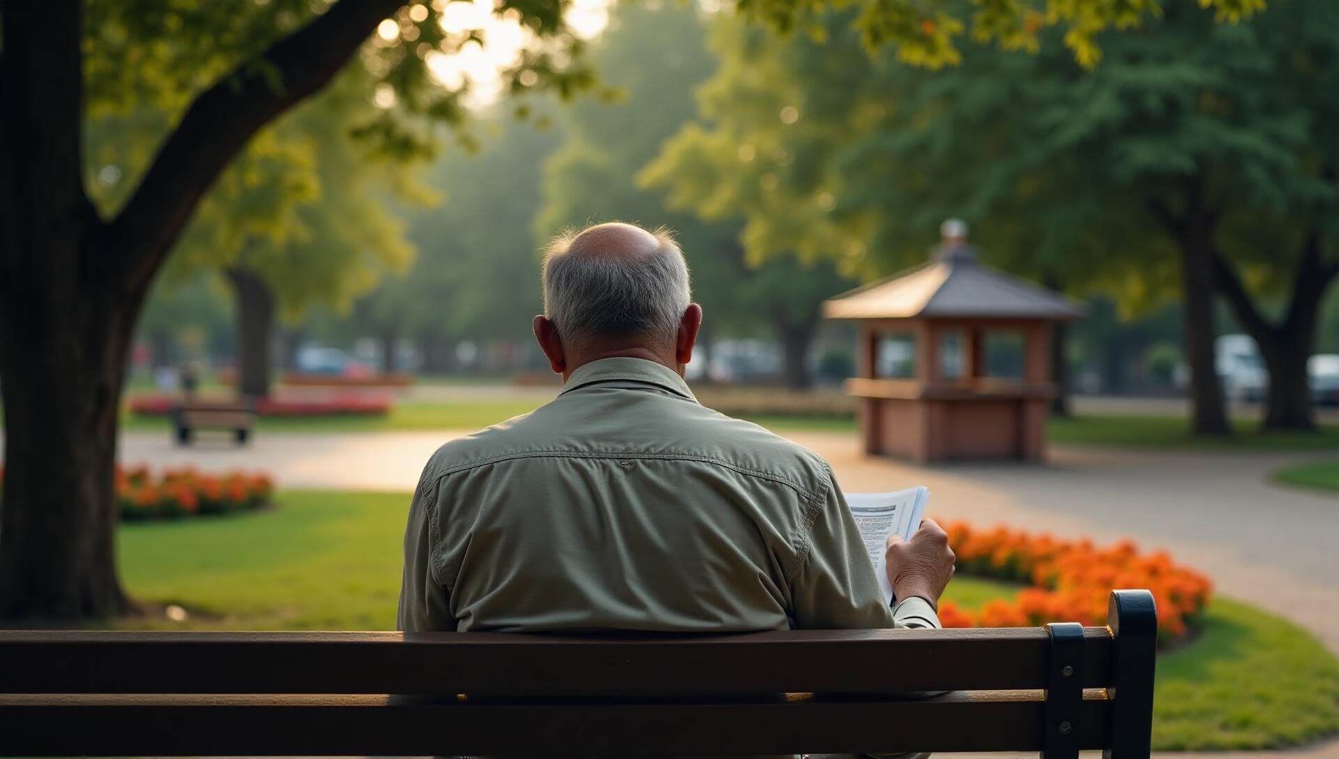 Vecino leyendo el periódico en una banca de un jardín público de la alcaldía