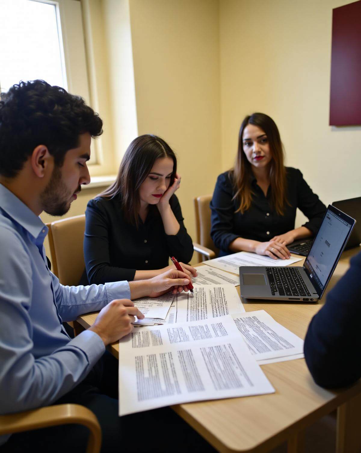 Equipo editorial revisando textos y titulares en una sala de redacción